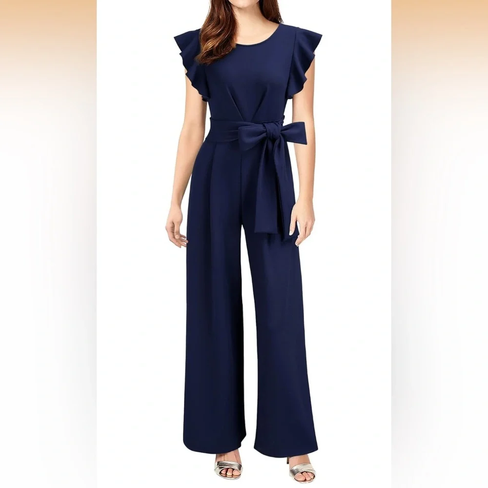 Knitee Navy Jump Suit with Tye at waist Sz M 8-10 capped sleeves. Spring Style - Picture 4 of 6